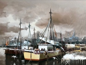 lot 60 image: Beautiful Large Signed Vintage Oil on Canvas Nautical Marina Scene Painting wBoats