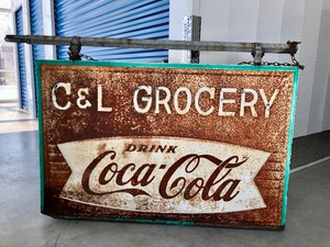 lot 61 image: Large Double Sided COCA COLA Grocery Store Hanging Embossed Metal Sign 