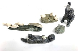 lot 80 image: Group of Hand Carved Signed EskimoInuit Stone Carvings