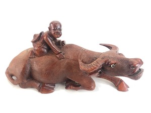 lot 90 image: Wonderfully Detailed Old Vintage Chinese Hardwood Carved Sculpture - Boy Riding Water Buffalo
