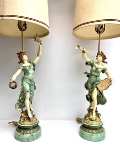 lot 91 image: Large Vintage Painted Cast Metal Dancing Maiden Figural Table Lamps