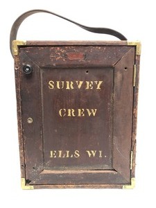 lot 144 image: Antique Brass Survey Crew Transit with Original Wood Case
