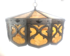 lot 183 image: Large Impressive Antique Bronze Mission Slag Glass Hanging Lamp (Glass As Is)