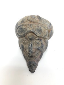 lot 185 image: Small Antique Heavy Cast Metal Ornament - Bearded Man wRacing Goggles 