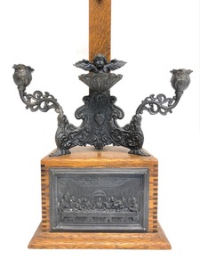 lot 207 image: Ornate Antique Dovetailed Oak Circa 1900 Last Rights Box wLarge Crucifix 