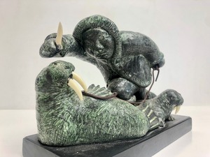 lot 192 image: Signed Carved Vintage Inuit Stone Carving - Seal Hunting