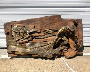 lot 206 image: LARGE Signed Vintage Mid Century FINESSE ORIGINAL 3D Fisherman Dragging Net Wall Sculpture 