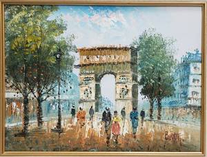 lot 236 image: PARIS Street Scene Arc de Triomphe Oil on Canvas Signed BURNETT