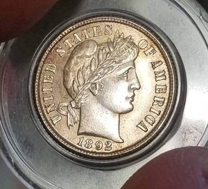1892 US BARBER DIME BU-UNC IN AIRTITE