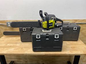 lot 33 image: RYOBI Lot of 3- 18 in. 38cc 2-Cycle Gas Chainsaws with Heavy Duty Cases
