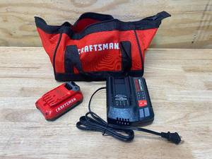 lot 59 image: CRAFTSMAN V20 Battery Fast Charger CMCB100 with V20 20-Volt Max 2 Amp-Hour Lithium Power Tool Battery and Bag