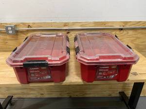lot 71 image: HUSKY Lot of 2-  12-Gal. Professional Duty Waterproof Storage Containers with Hinged Lids in Red