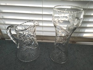 lot 87 image: Vintage Heavy Cut Crystal Pitcher, Large Victorian Etched Cut Lead Crystal Vase
