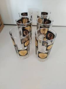 lot 411 image: Vintage MCM Gold Black Coin Highball Glassware