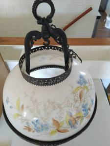lot 420 image: Vintage Cast Iron Hanging Oil hurricane lamp with painted milk glass shade (converted to electric)