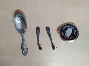 lot 344 image: Johnson For President Pin, Vintage Earrings, Pewter Spoon