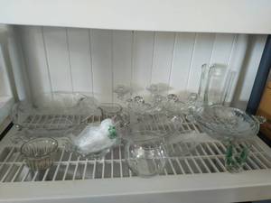 lot 413 image: Assorted vintage serving pieces ex Fostoria, depression glass.