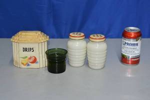 lot 24 image: Fire King Tulip Salt and Pepper Shaker Ribbed White Milk Glass, Dansk Designs Toothpick Holder, pan dripping collection