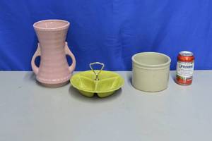 lot 26 image: Lot of McCoy Pottery Vase, Lane & Co 3 compartment dish, small stone crock