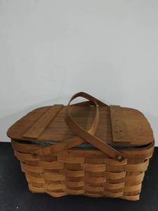 lot 18 image: Vintage Picnic Basket Filled with Sewing Supplies