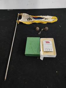 lot 92 image: Vintage Military Cuff Links, Tie Pin, Flag, & Lighter