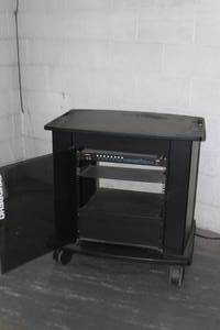 lot 81 image: Rolling Audio Video Equipment Rack on Heavy Duty Casters with Sliding Drawer & AV Switcher