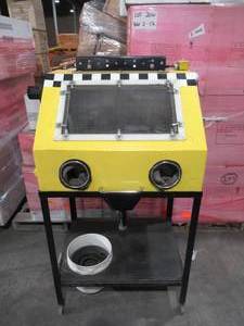lot 36 image: Custom Sand Blasting cabinet on wheeled cart-3400 RPM Fasco Motor- with sand and hoses and light.