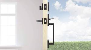 lot 77 image: Kwikset 98180-020 San Clemente Single Cylinder Low Profile Front Lock Handleset with Halifax Door Handle Lever, Matte Black