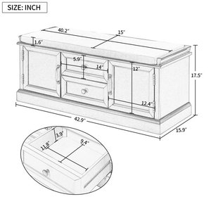 lot 103 image: Blue Storage Bench with 2 Drawers, 2 cabinets, Shoe Bench with Removable Cushion 17.5Hx15.9 W x42.9L
