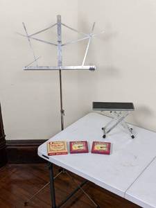 lot 72 image: Collection of Guitar Strings (DAddario & Martin), Folding Music Stand and a Mini Stool