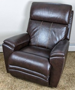 lot 1 image: Dark Brown Leather Swiveling Recliner with Topstitching