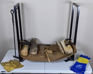 lot 96 image: Firewood Rack with Tools, Wood SlingCarrier,  2 Pairs Leather Gloves
