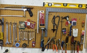 lot 30 image: Wonderful Wall of Tools Wrenches, Pliers, Level, Speed Square, Saw, Hammers and Much More
