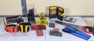 lot 47 image: PPE (Goggles, Gloves, Earphones), Drill Bit Sets, Saw, Saw Blades, Metal Files and More