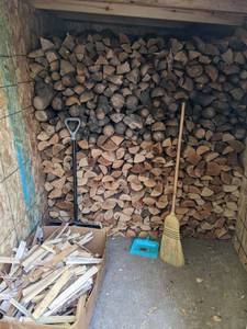 lot 137 image: Shed Contents Wood, Kindling, Shovel, Broom and Pan