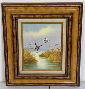 lot 61 image: Original Framed Painting by W. Newman, Ducks in Flight Over Marsh