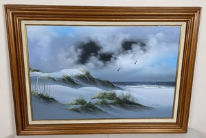 lot 58 image: Original Painting of Oceanside Sand Dunes & Seagulls by Artist Winstin