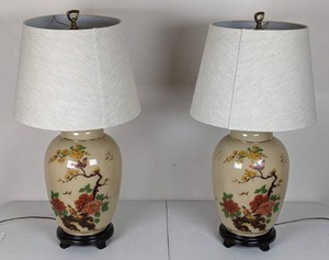 lot 81 image: Pair of BirdFloral Painted Table Lamps