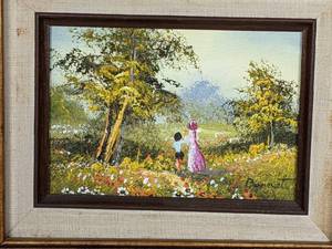 lot 79 image: Original Framed Painting (Meadow, Path, Child) by Artist Bennett