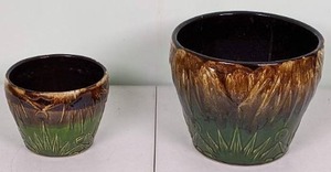 lot 51 image: Pair of Green and Brown Drip Glazed Plant Pots (1 Small, 1 Large)