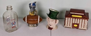 lot 149 image: Mixed Lot of Vintage Glass and Ceramic Pieces Central Milk Bottle Toby Jug, Jim Beam Football Donkey Decanter, Trolley Cookie Jar