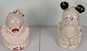 lot 52 image: Set of 2 Vintage Cookie Jars MickeyMinnie Mouse Turnabout Jar and Clown Jar