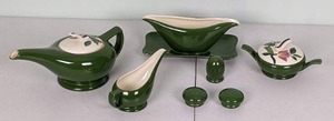 lot 143 image: Rare Vintage Red Wing Blossom Time China Teapot, Creamer, Sugar Pot & Lid, Salt & Pepper and Serving Dish Green circa 1947