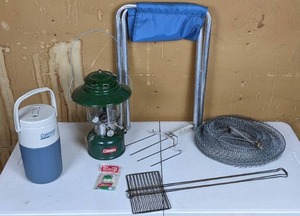 lot 30 image: Camping Supplies Coleman Lantern, Coleman Water Cooler, Campfire Cooking Utensils, & More