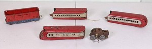lot 158 image: VintageAntique Train Toys Vintage Union Pacific RR Car Pieces, Antique Key Wound Car, Vintage Pennsylvania RR Car