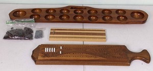 lot 167 image: Lot of 3 Wooden Board Games Mancala and 2 Cribbage Boards