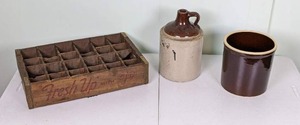 lot 178 image: Ceramic Jug, Pot, and Vintage 7Up Crate