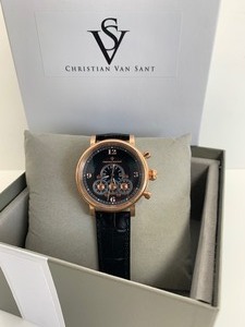 lot 4 image: CHRISTIAN VAN SANT Mens Black & Gold Watch - Genuine Leather Strap - wBox