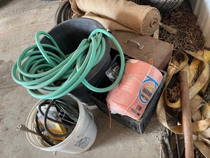 Lot of Assorted Garden Hose, Rolled Canvas, Twine and Hardware