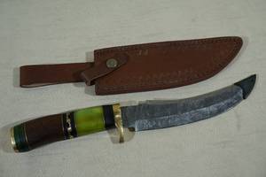 lot 231 image: Custom Made Damascus Style Steel Hunting Knife with Exotic Wood and Bone Handle